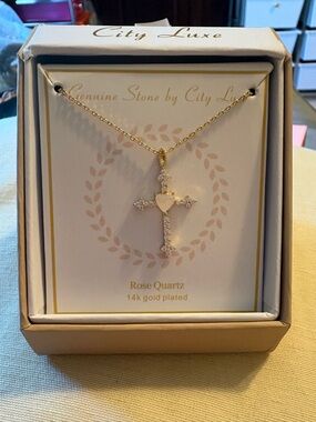 City Lux 14k Gold Plated Cross With Rose Quartz 18” NEW